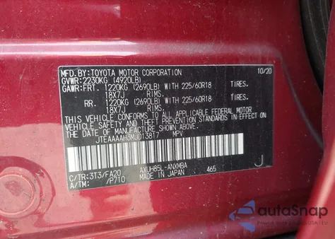 2021 Toyota Venza Le из США, поврежденный, VIN JTEAAAAH3MJ013817